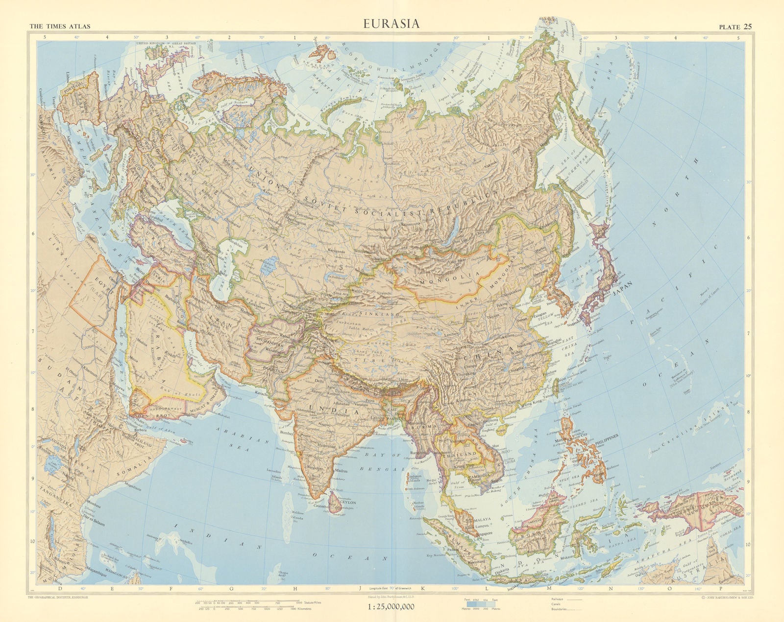 Eurasia. Europe & Asia political & relief. USSR. Trucial Oman. TIMES 1959 map